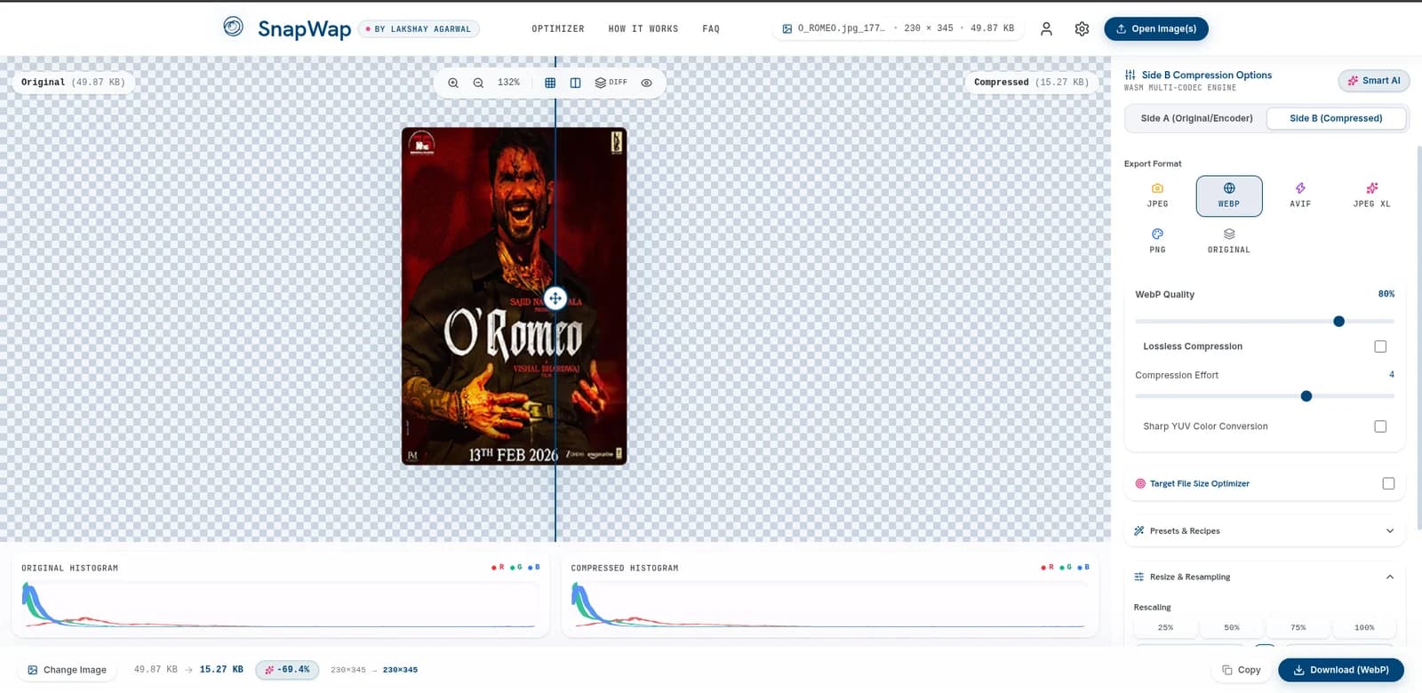 SnapWap comparing a 49.87 KB poster with a 15.27 KB WebP version, 69% smaller, with both histograms